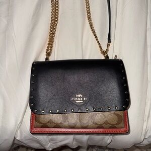 Coach Black Leather and Brown Signature Canvas Crossbody with Gold Chain